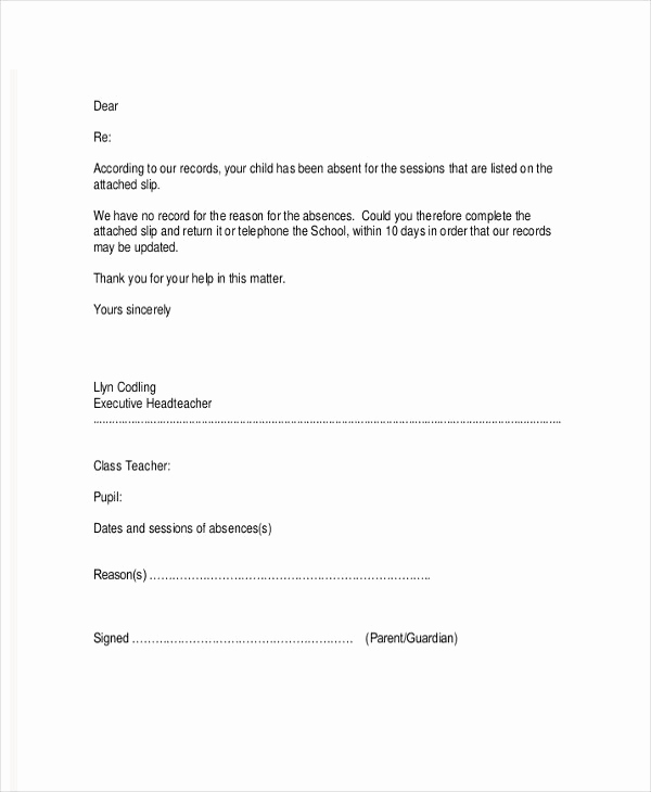 Absent Letter for School New School Letter Templates 8 Free Sample Example format