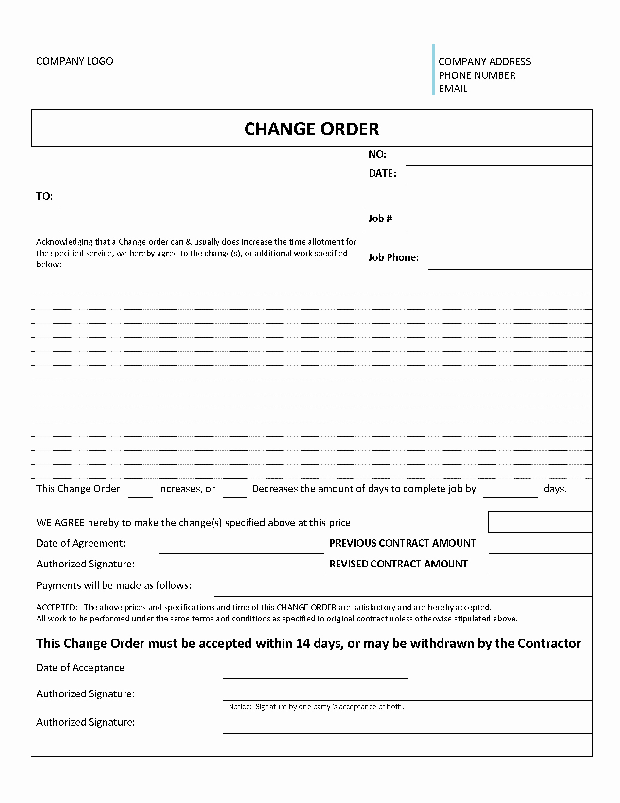 Construction Change order form Unique Change order form Template
