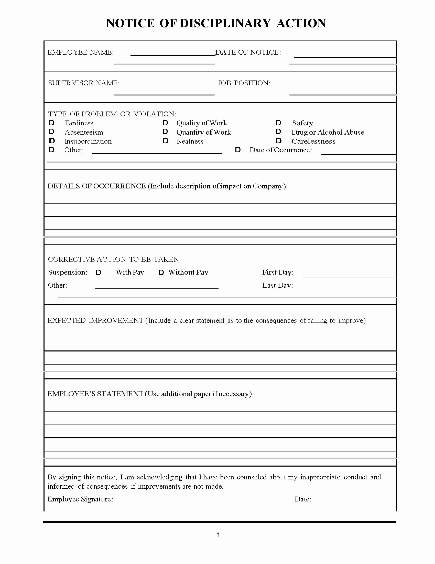 Employee Disciplinary Action form Lovely Restaurant Employee Disciplinary Action form