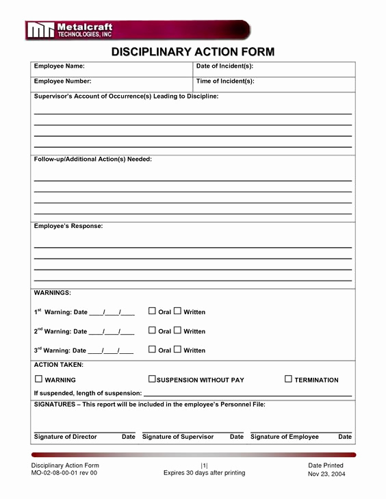 Employee Disciplinary Action form Luxury Disciplinary Action form Employee forms Pinterest