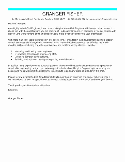 Engineering Internship Cover Letter Inspirational Civil Engineer Cover Letter Template