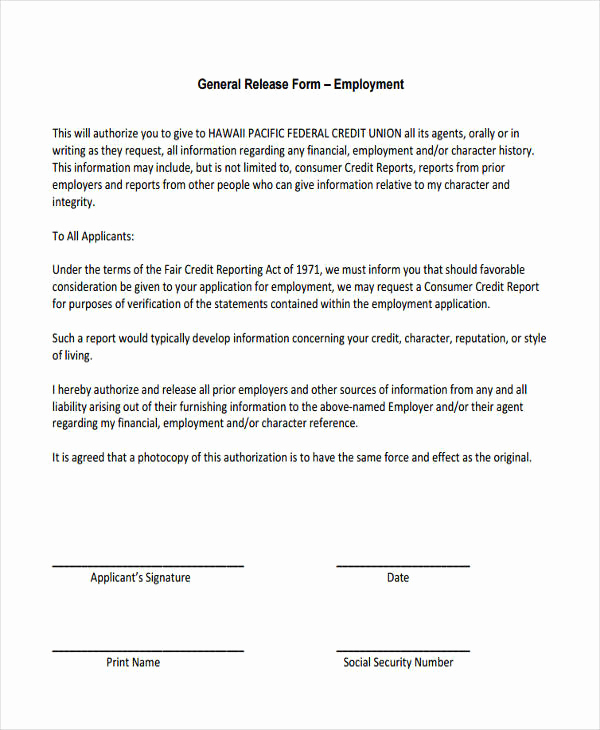 General Release form Template Fresh General Release Information form