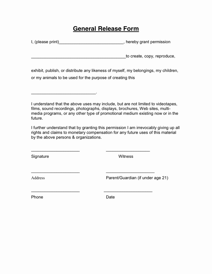 General Release form Template Unique General Release form In Word and Pdf formats