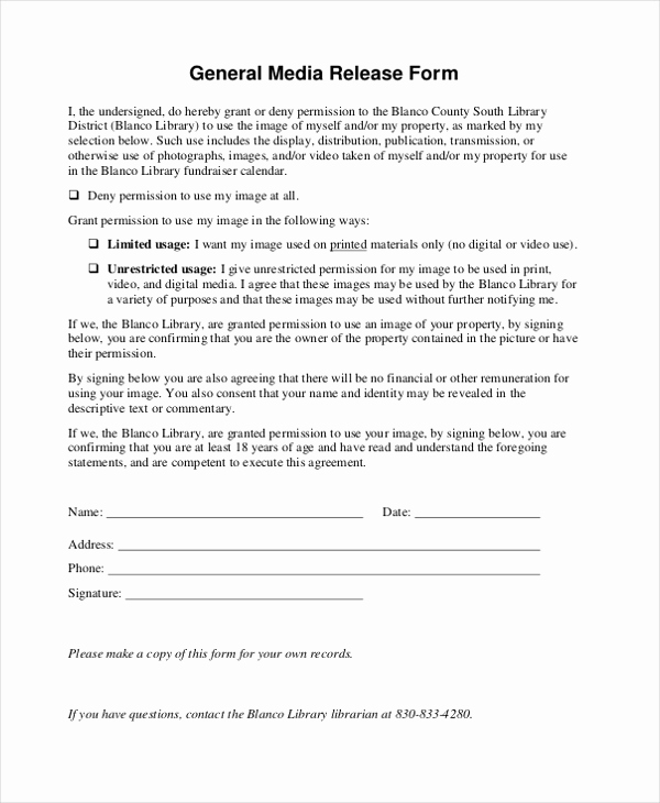 General Release form Template Unique Sample Media Release form 10 Free Documents In Pdf