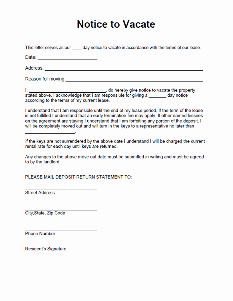 Landlord Notice to Vacate New Free Printable Intent to Vacate Letter Template Vacate