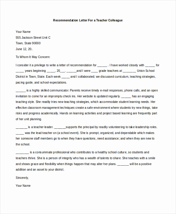 Letters Of Recommendation for Teachers Best Of Sample Teacher Re Mendation Letter 8 Free Documents