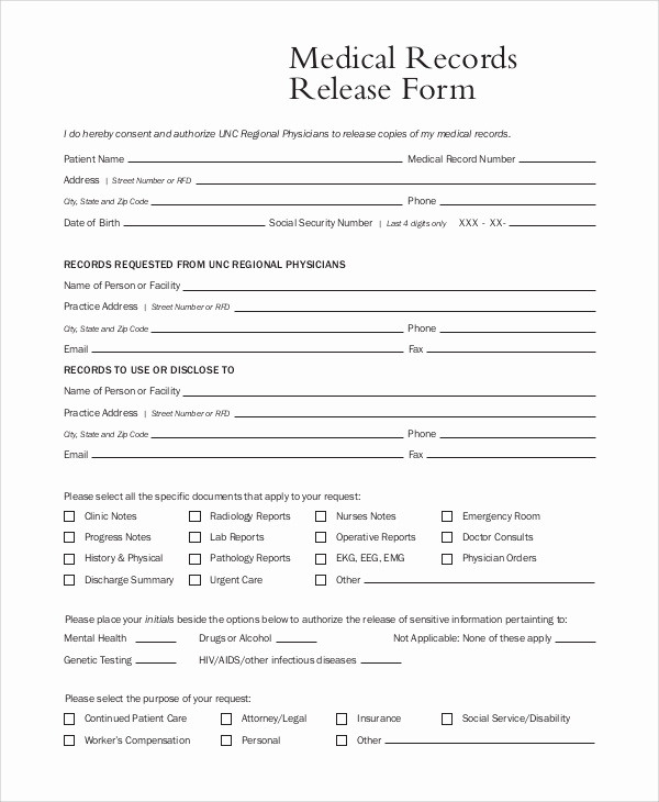 Medical Release form Template Best Of 9 Sample Medical Records Release forms