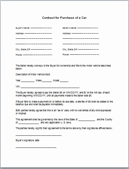 Printable Vehicle Purchase Agreement Fresh Car Purchase Contract Template