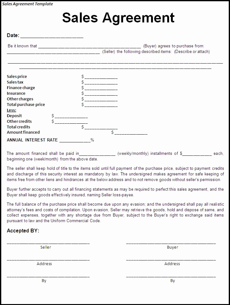 Printable Vehicle Purchase Agreement Lovely Free Printable Sale Contract form Generic