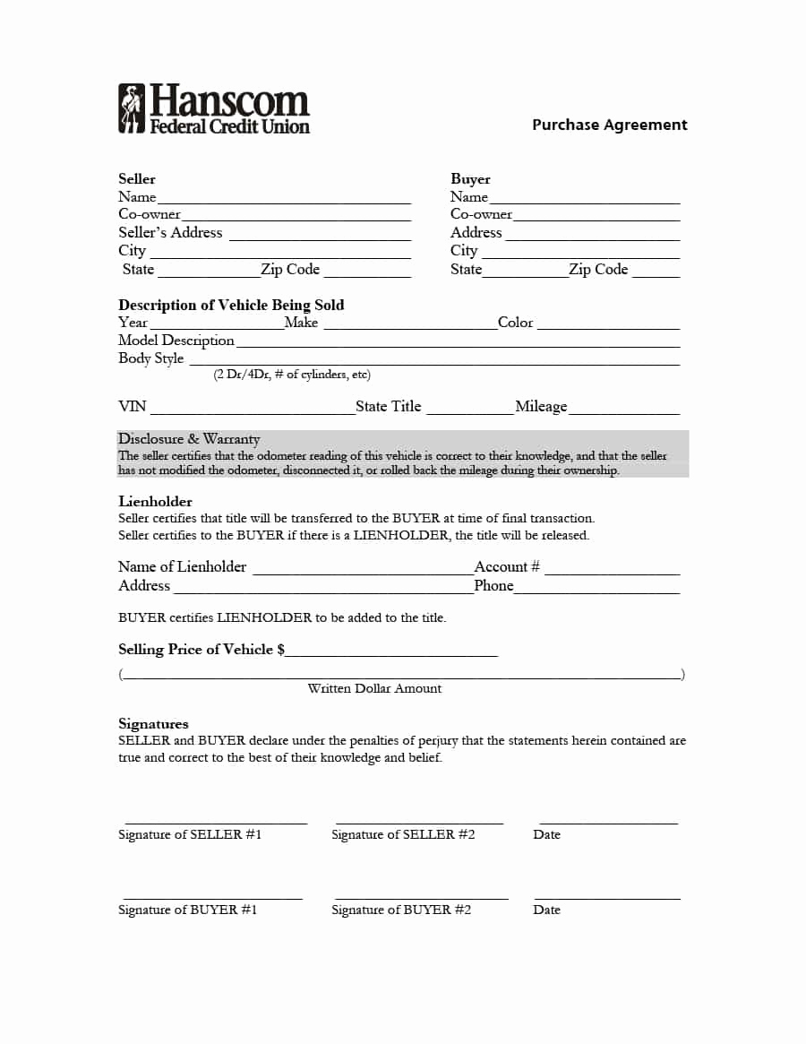Printable Vehicle Purchase Agreement Luxury Purchase Agreement Template
