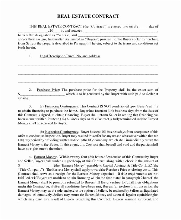 Real Estate Contract Template Fresh Contract form Templates