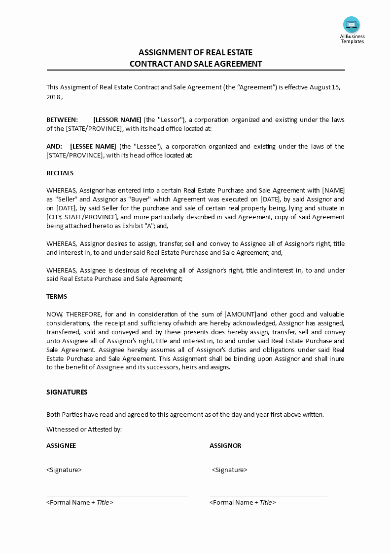 Real Estate Contract Template Lovely assignment Of Real Estate Contract and Sale Agreement