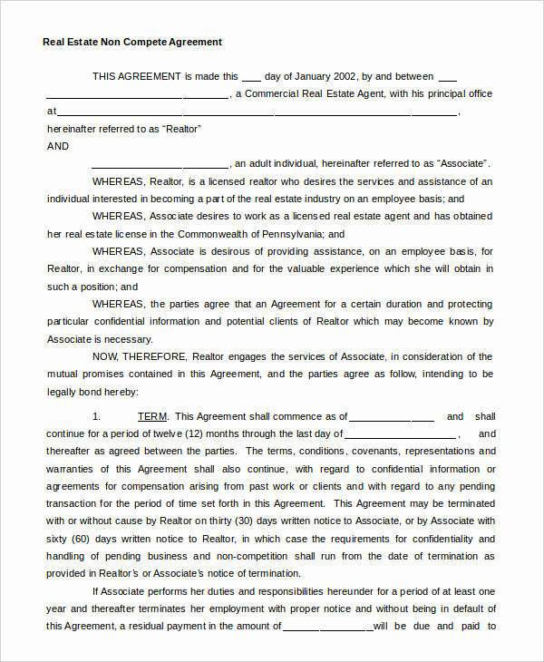 Real Estate Contract Template Lovely Non Pete Agreement Template 12 Free Word Pdf format