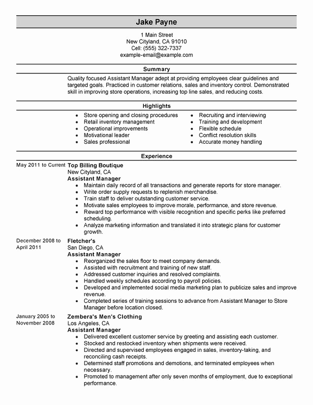 Retail Store Manager Resume Beautiful assistant Retail Manager Resume Examples Free to Try