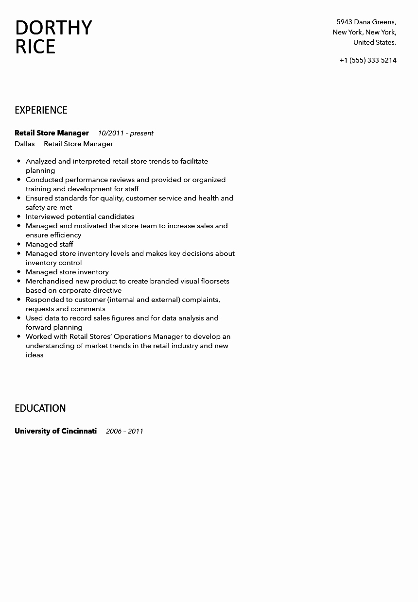 Retail Store Manager Resume New Retail Store Manager Resume Sample