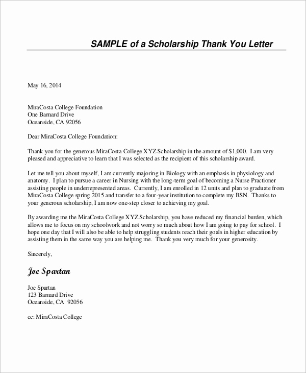 Scholarship Thank You Letter Examples New 7 Thank You Letter for Scholarship Samples