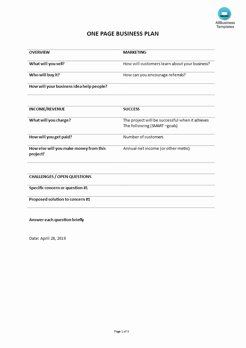 1 Page Business Plan Awesome Free E Page Business Plan