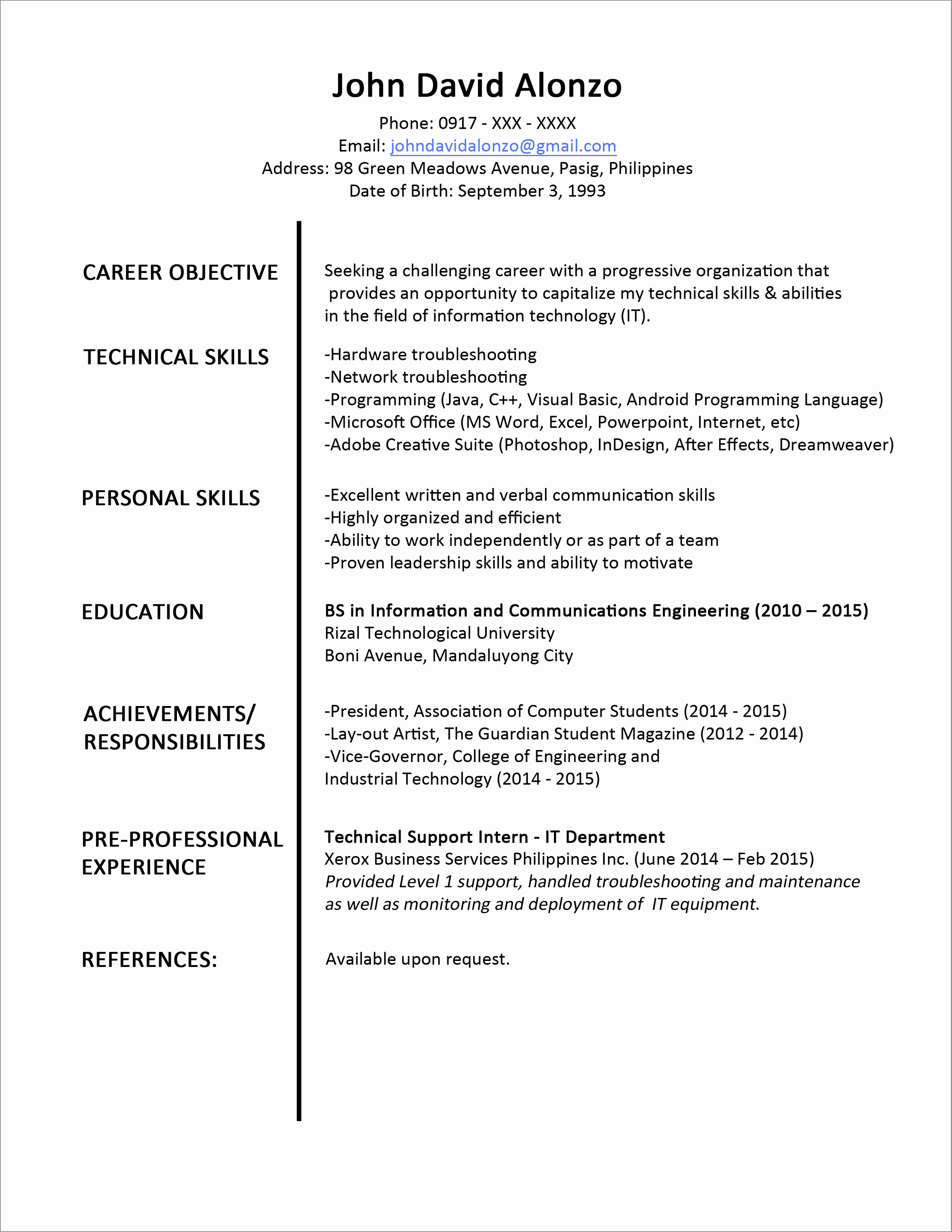1 Page Resume Template Elegant Sample Resume format for Fresh Graduates E Page format