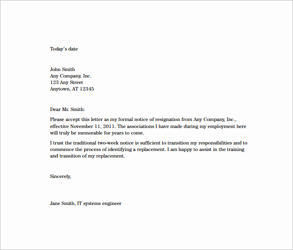 2 Week Notice Letter Template Fresh 10 Sample Two Week Notice Resignation Letter Templates