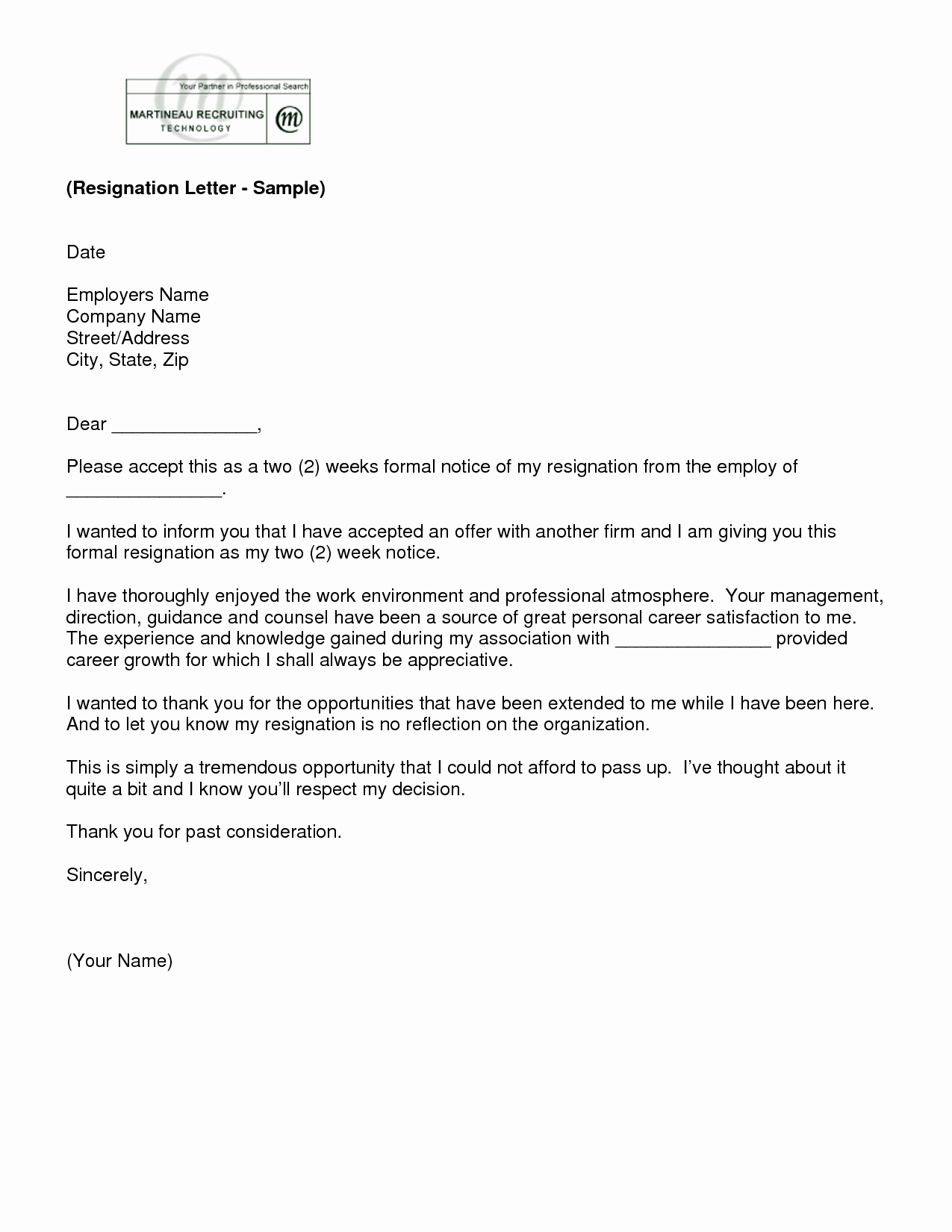 2 Week Notice Letter Template Fresh Letter Of Resignation 2 Weeks Notice Template