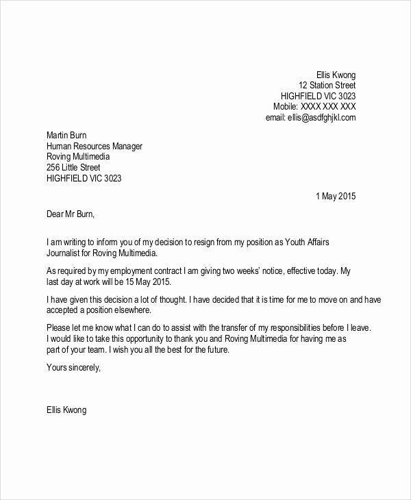 2 Week Notice Letter Template Inspirational Sample Resignation Letter with 2 Week Notice 6 Examples