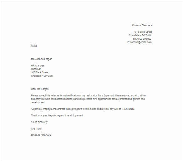 2 Week Notice Letter Template Lovely 10 Sample Two Week Notice Resignation Letter Templates