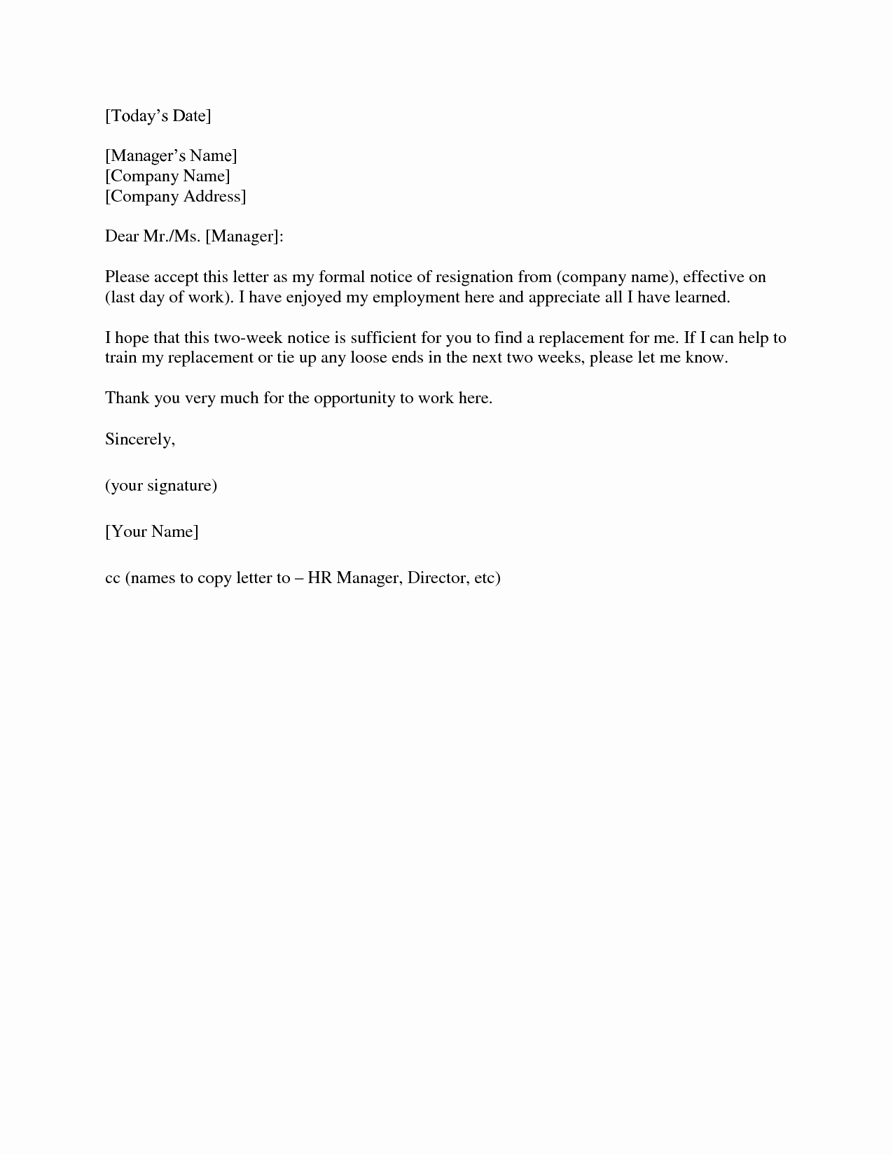 2 Week Notice Letter Template Unique Two Weeks Notice Letter Template