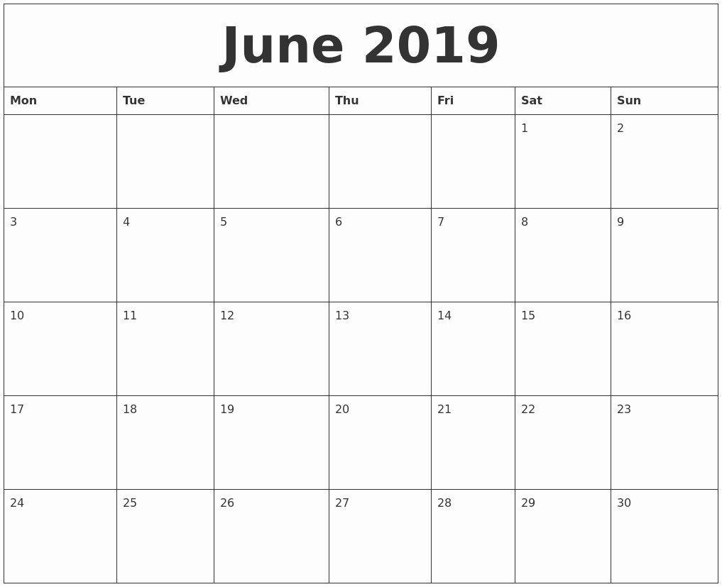 2019 Monthly Calendar Template Elegant June 2019 Blank Monthly Calendar Template