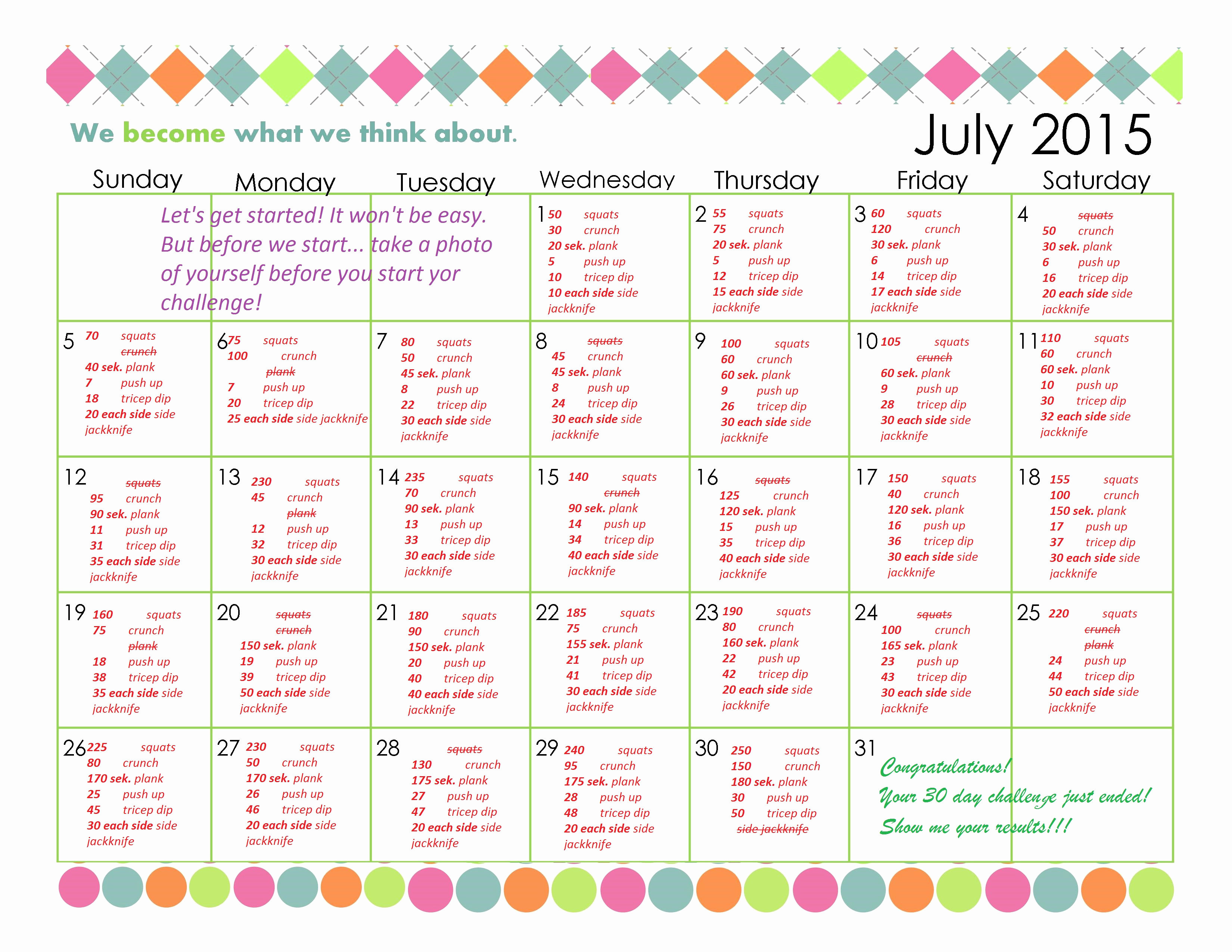 30 Day Calendar Template Elegant 30 Day July Workout Challenge – 30daychallenges