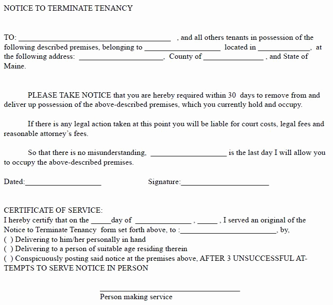 30 Day Eviction Notice form Beautiful Maine 30 Day Notice to Terminate Tenancy
