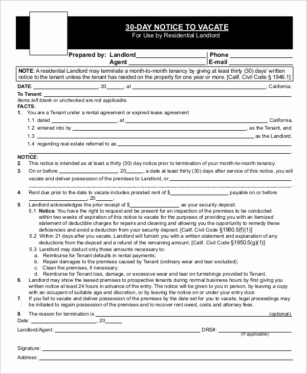 30 Day Eviction Notice form Fresh 8 Sample Eviction Notice forms