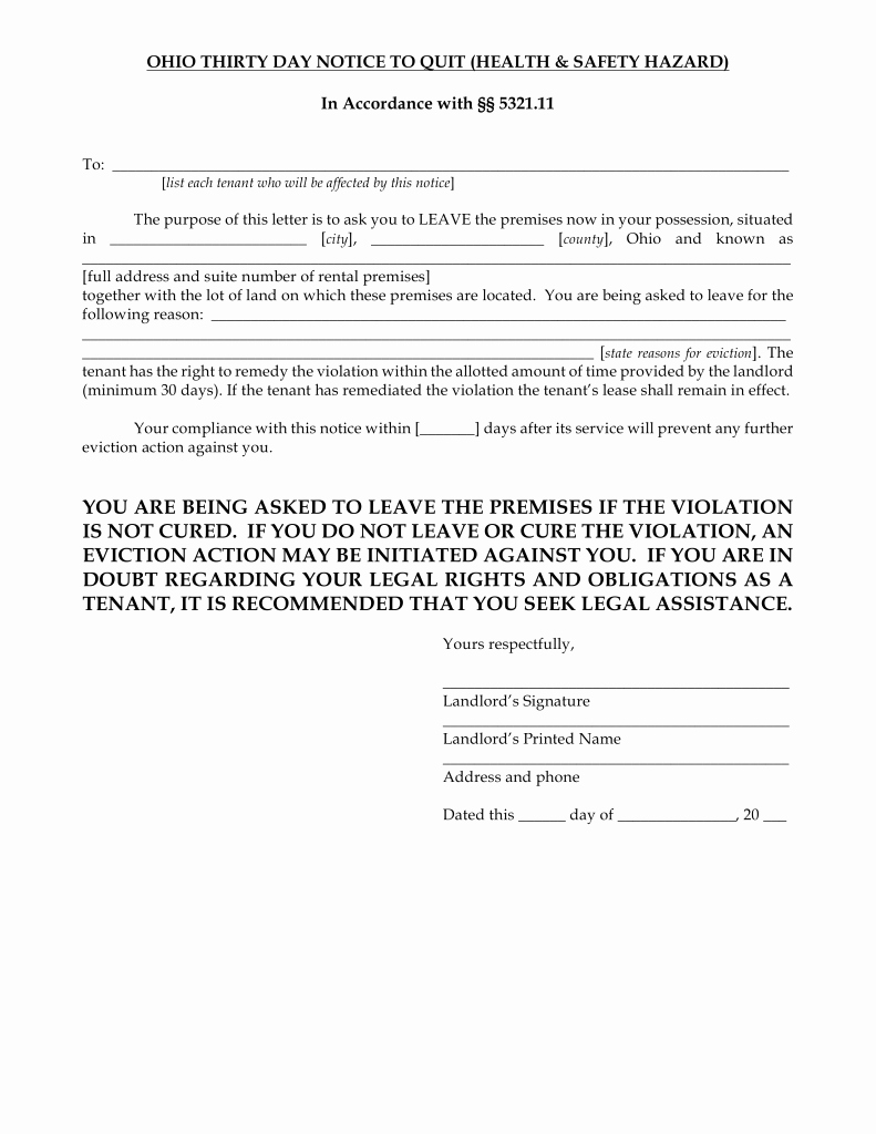 30 Day Eviction Notice form Inspirational Ohio 30 Day Notice to Quit form