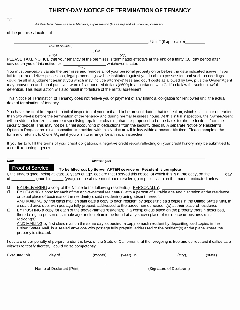 30 Day Eviction Notice form Lovely California Lease Termination Letter form