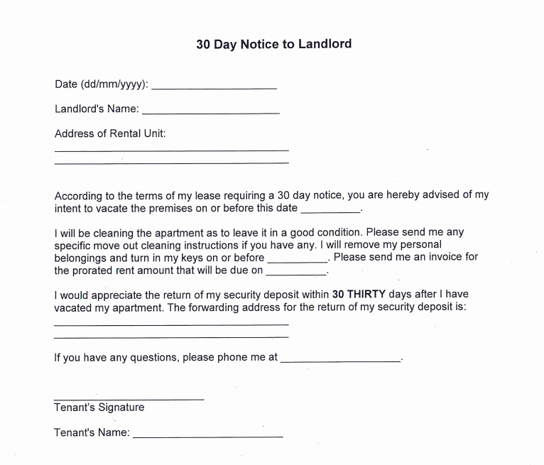 30 Day Notice Template Beautiful 30 Day Notice to Landlord Sample Letter