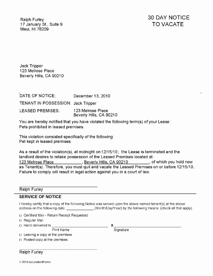 30 Day Notice Template New Printable Sample Notice to Vacate Template form