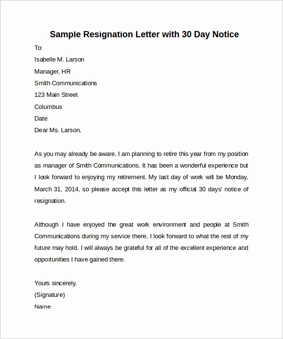 30 Days Notice Letter Luxury Sample 30 Days Notice Letter 7 Free Documents In Word Pdf