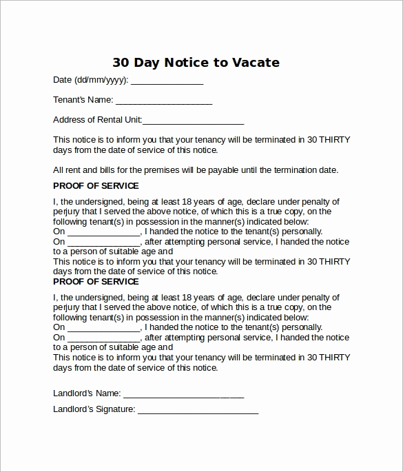 30 Days Notice Letter New 11 Sample Notice to Vacate Letters Pdf Ms Word Apple