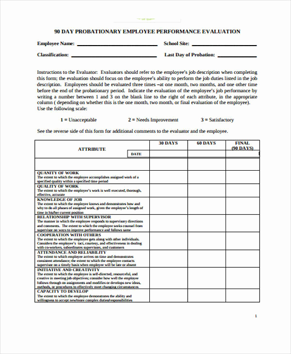 90 Day Review Template Elegant Employee Evaluation form