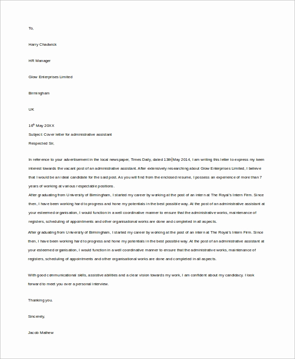 Administrative assistant Cover Letter Examples Awesome 7 Administrative assistant Cover Letter Samples