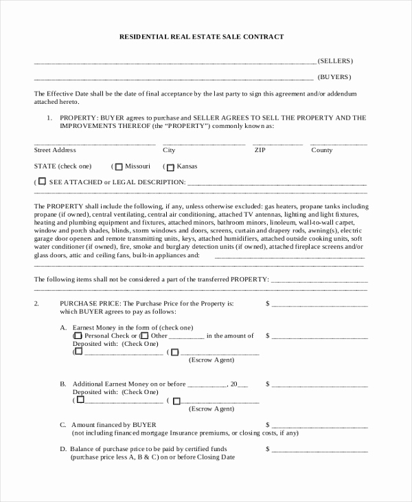 Agreement to Sell Real Estate Awesome Sample Real Estate Sales Contract form 8 Free Documents