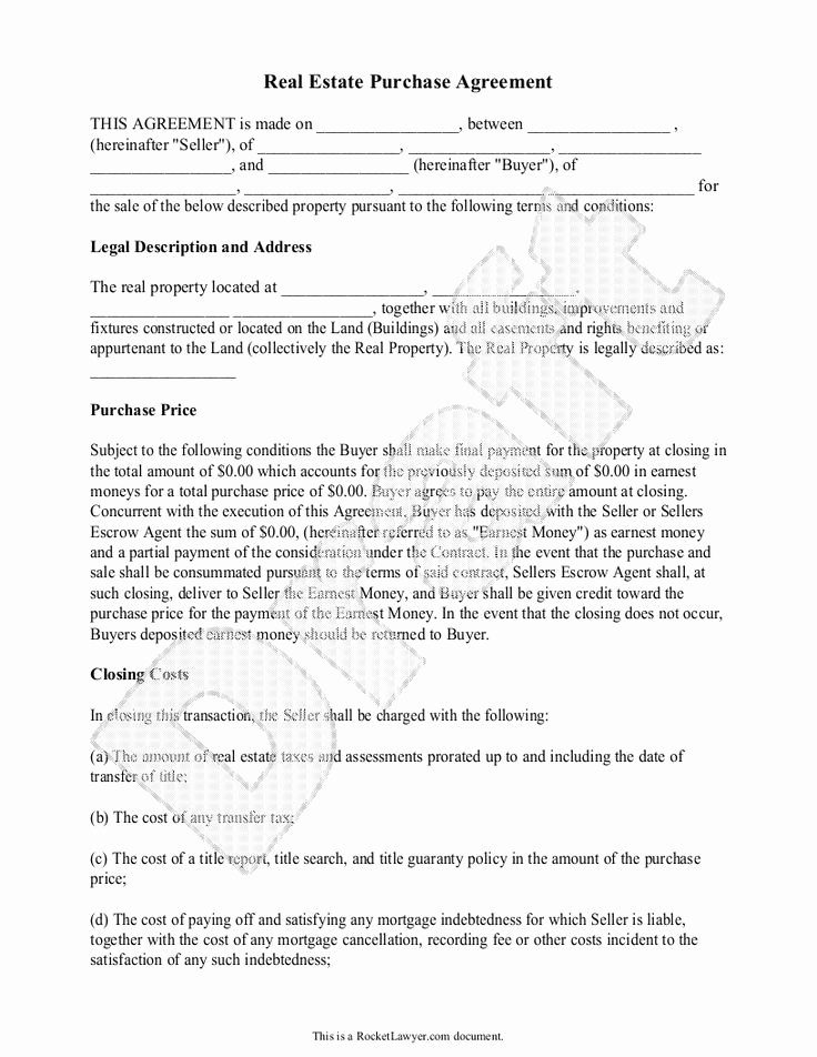 Agreement to Sell Real Estate New Real Estate Purchase Agreement form Free Templates with