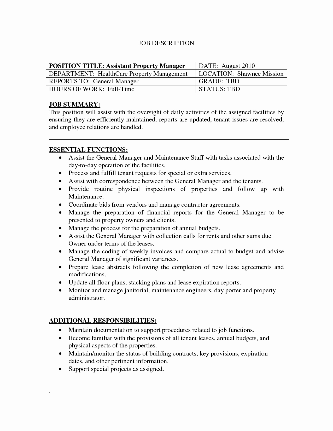 Assistant Property Manager Resume Unique Property Management Job Description for Resume