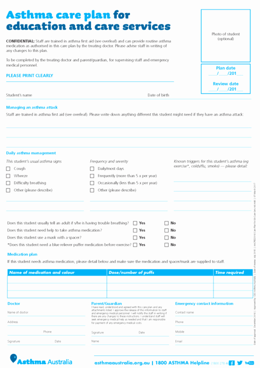 Asthma Action Plan form New asthma Action Plan Examples National asthma Council