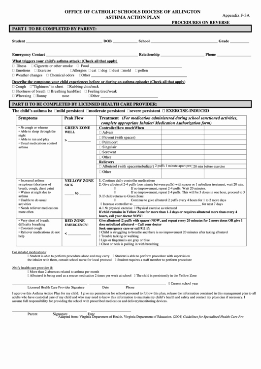Asthma Action Plan form New form Appendix F 3a Fice Catholic Schools Diocese