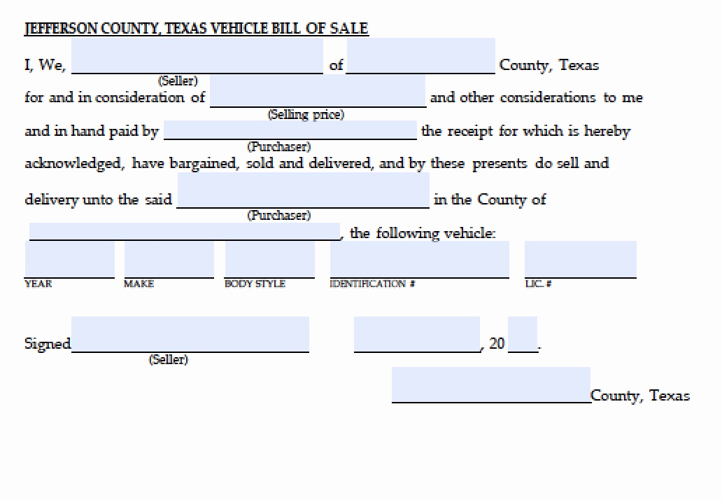 Auto Bill Of Sale Texas New Free Jefferson County Texas Vehicle Bill Of Sale form