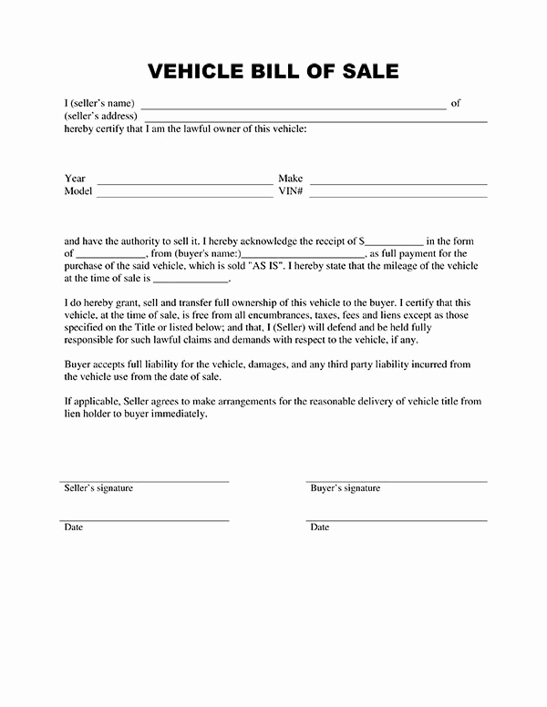 Auto Bill Of Sale Texas Unique Free Printable Vehicle Bill Of Sale Template form Generic