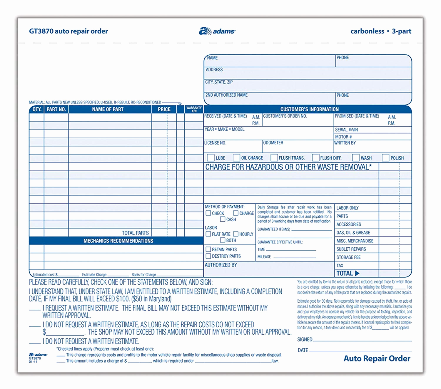 Auto Repair Invoice Template Best Of Adams Auto Repair order forms 8 5 X 7 44 Inch 3 Part