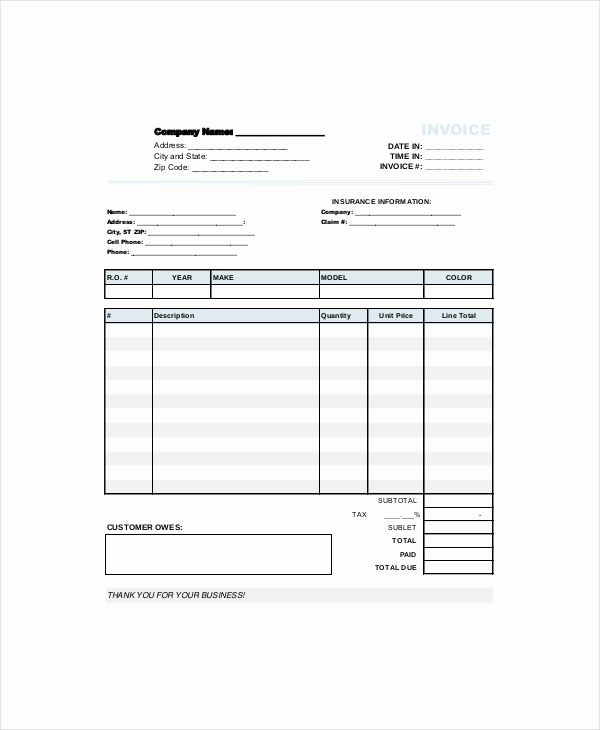 Auto Repair Invoice Template Fresh Repair Invoice Template 7 Free Word Excel Pdf