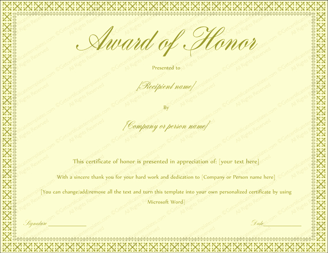 Award Certificate Template Word New Award Of Honor Certificate Template Editable for Word