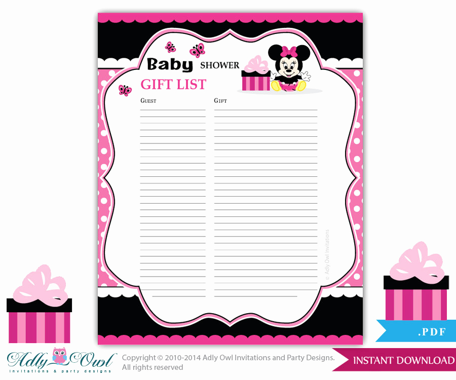 Baby Shower Gift Lists Elegant Girl Minnie Mouse Guest Gift List Guest Sign In Sheet Card